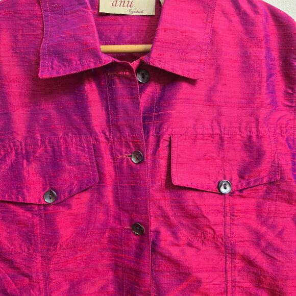 Anu Natural Womens Artsy Minimalist Chic Fushia Irridescent 100% Silk Jacket L - Picture 5 of 12